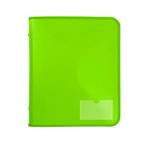 Lime green Marbig zipper binder with tech case, front view, zip edging around the cover and a clear pocket at the lower right
