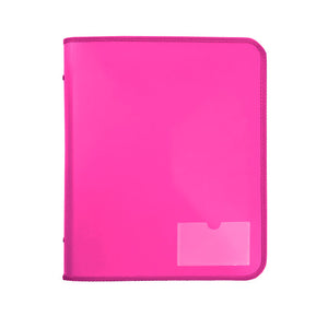 Pink Marbig zipper binder with tech case, closed, front view showing pink zip edging and a small clear pocket in the bottom corner