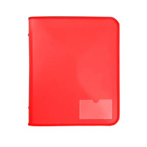 Red Marbig zipper binder with tech case, flat front view with red zip edging round three sides and a clear pocket low on the cover