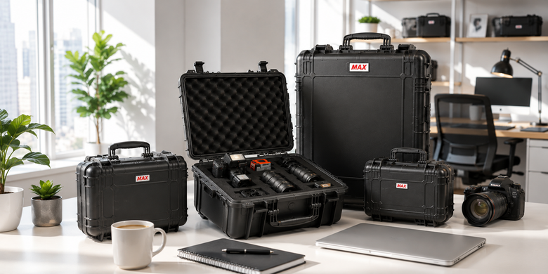 MAX Cases by Panaro protective equipment cases displayed in a bright modern commercial office with professional camera gear, highlighting secure storage for business, photography, industrial and technical equipment.