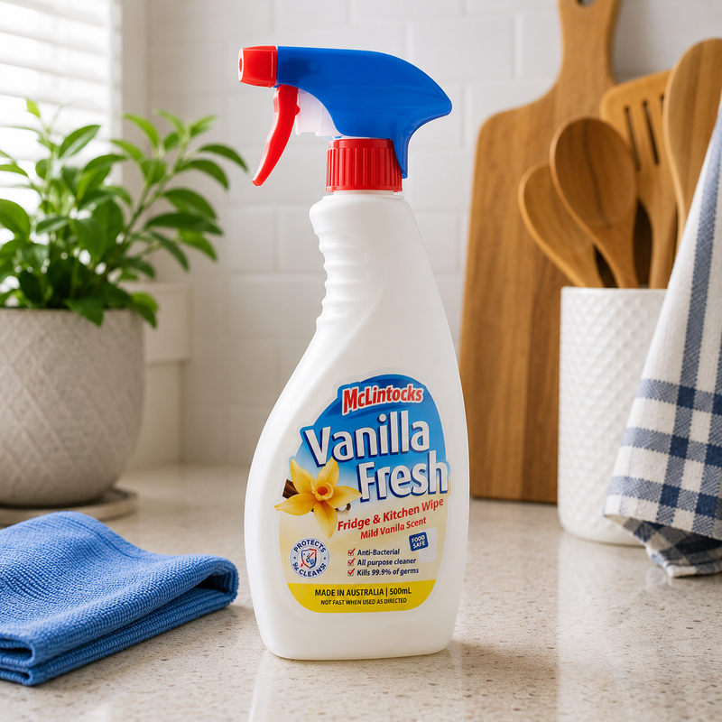 McLintocks Vanilla Fresh 500ml cleaning spray displayed on a clean kitchen countertop with cloth, utensils and greenery nearby.