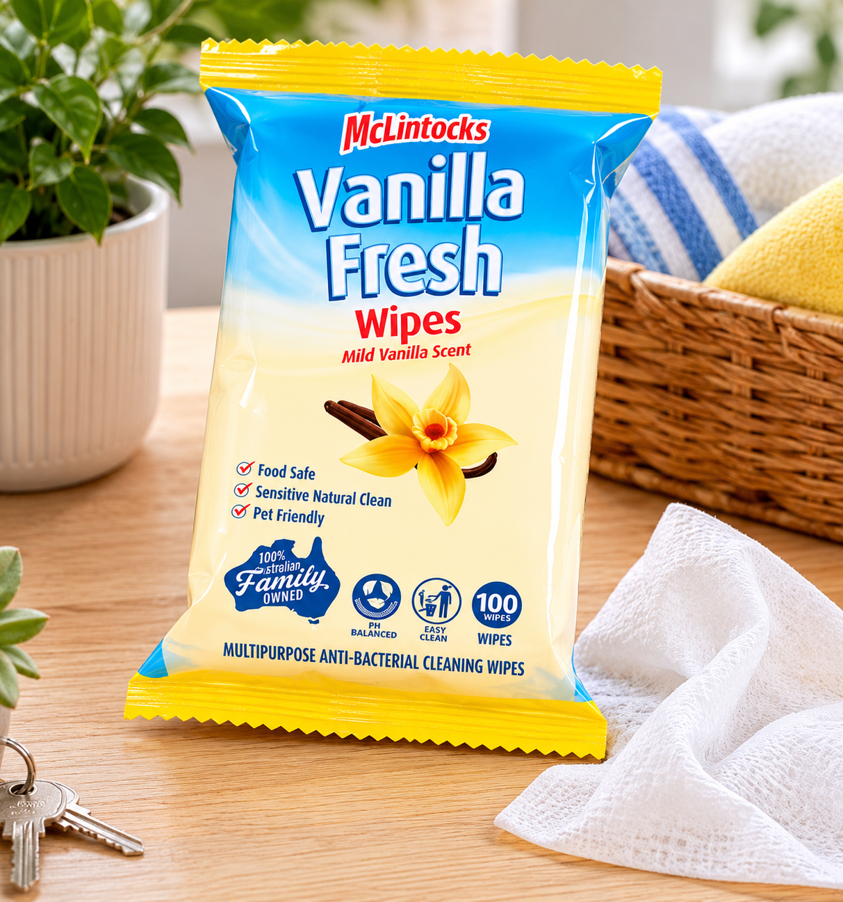 McLintocks Vanilla Fresh antibacterial cleaning wipes displayed on a timber bench with a cloth, plant and household basket nearby.