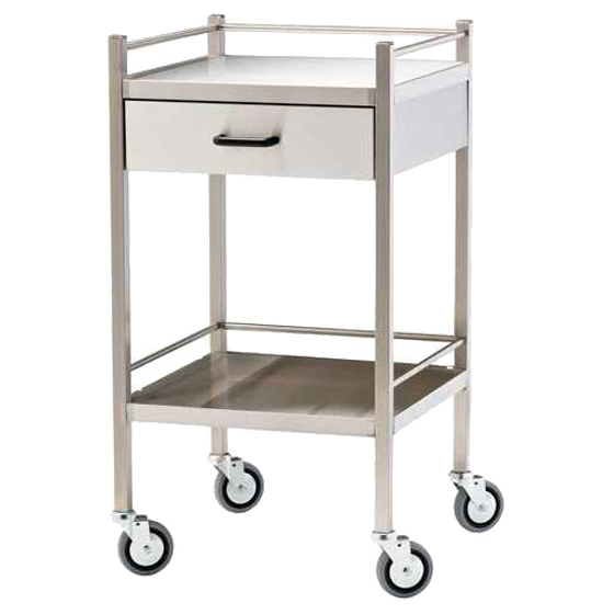 Medium Stainless Steel Trolley with Drawer 60 x 50 x 97cm showing medical-grade stainless steel clinical trolley with integrated drawer for first aid room storage