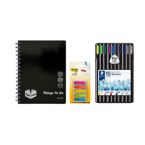 Contents of the Mega Compact Notes and Organisation Starter Kit including a Spirax Things to Do book, Staedtler Triplus mobility set and Post-it flags