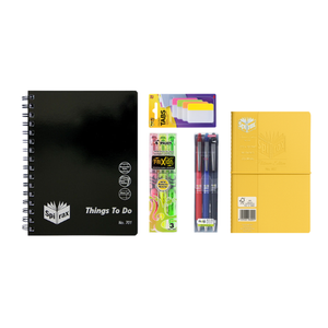 Contents of the Mega Daily Planning and Notes Starter Pack including a Things to Do book, Spirax Premium Journal, Pilot FriXion pens and FriXion Light erasable highlighters