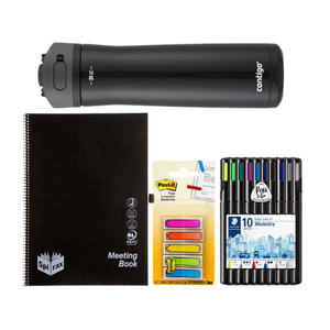 Contents of the Mega Employee Meeting and Desk Starter Kit including an A4 meeting book, Staedtler Triplus mobility set, Contigo water bottle and Post-it flags