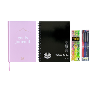 Contents of the Mega Goals and Tasks Productivity Pack including a Spirax Goals Journal, Things to Do book, Pilot FriXion pens and FriXion Light erasable highlighters