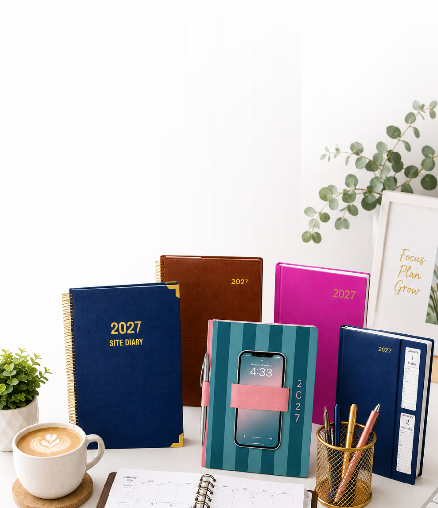 A group of 2027 desk diaries and planners arranged on a white desk with lifestyle props including a cup of latte, a small potted plant, a gold pen holder, and a framed quote. The planners feature various colors including navy blue, brown, magenta pink, teal, and dark blue.
