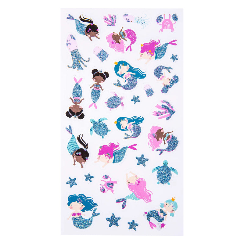 Full sticker sheet displaying all 32 Mermaid Magic glitter stickers, including mermaids, jellyfish, turtles, coral, starfish and whimsical underwater elements designed for imaginative creative projects.