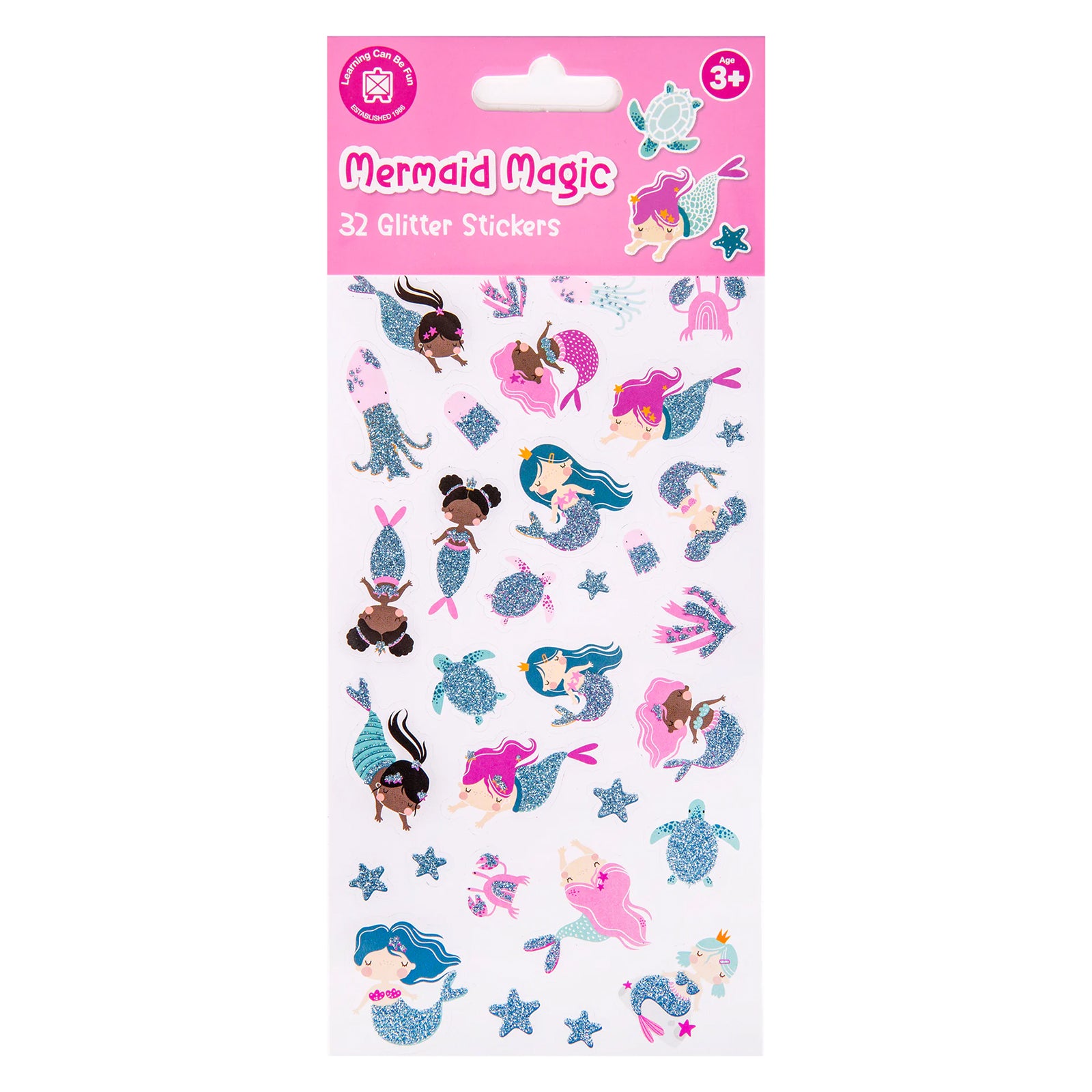 Retail packaging of the Mermaid Magic Glitter Sticker Set featuring Learning Can Be Fun branding, age recommendation and a preview of the colourful glitter ocean themed sticker collection.