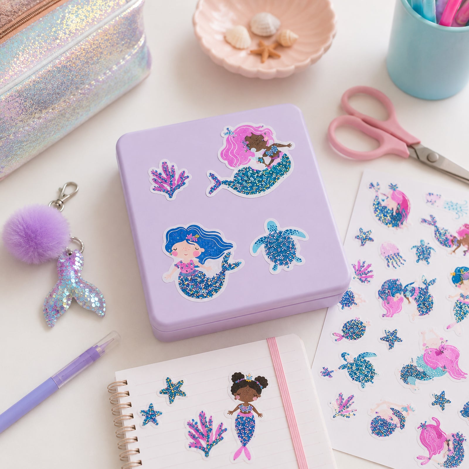 Decorative storage box personalised with mermaid stickers surrounded by stationery and craft supplies. Glitter details shimmer across the mermaids, sea turtles and coral pieces, creating an enchanting underwater display.