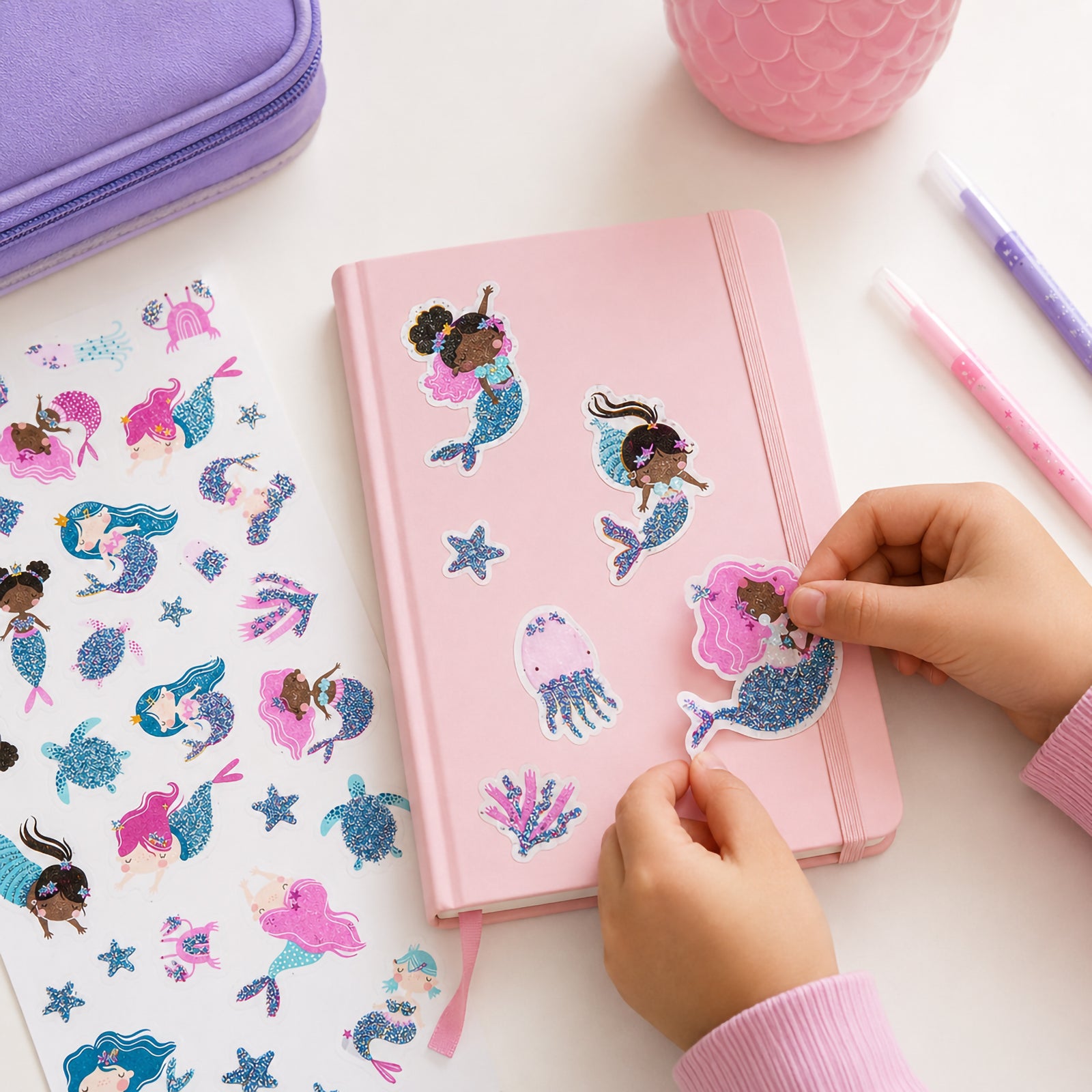Child decorating a pink notebook with glitter mermaid stickers featuring colourful mermaids, sea creatures and underwater elements. The sparkling stickers showcase bright blue, pink and pastel tones that create a magical ocean themed scene.