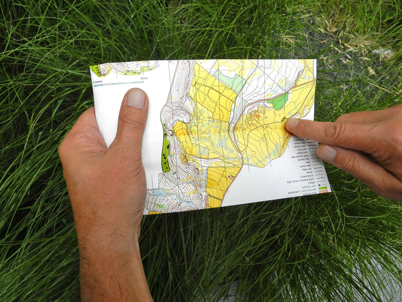 Two hands holding a sheet of Meter waterproof paper printed with a colour orienteering map, outdoors above long green grass