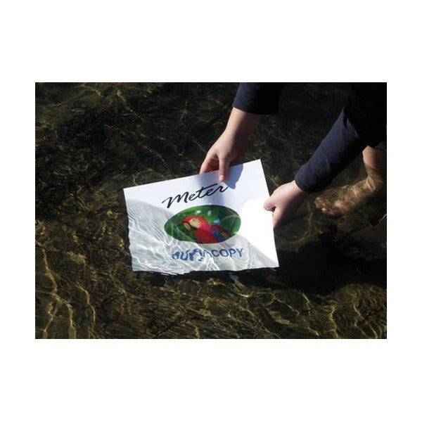 Hands lowering a printed Meter waterproof paper sheet with a colour parrot image into clear shallow water