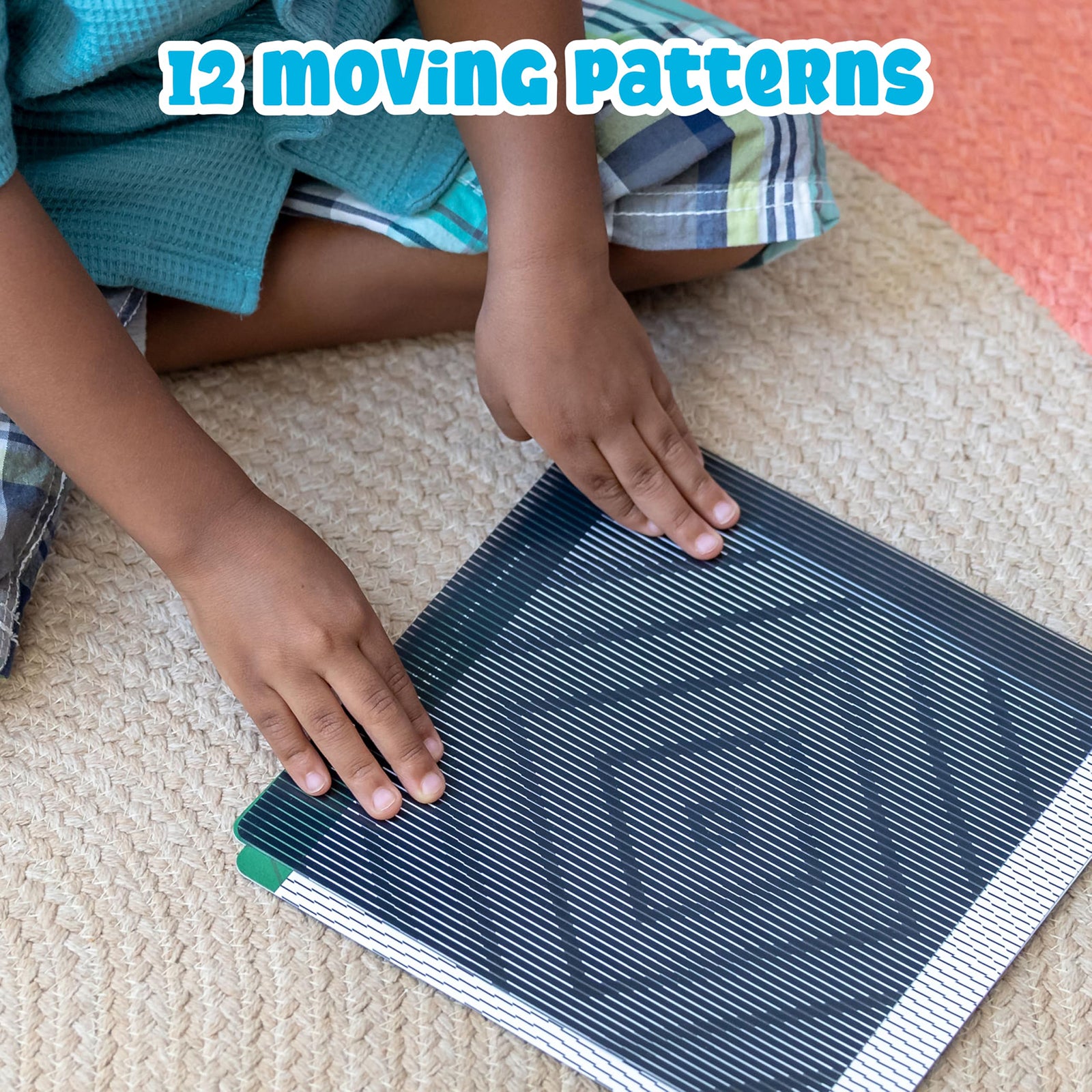 Close up of a child interacting with a circular illusion sensory card using the motion slider to activate moving visual effects.