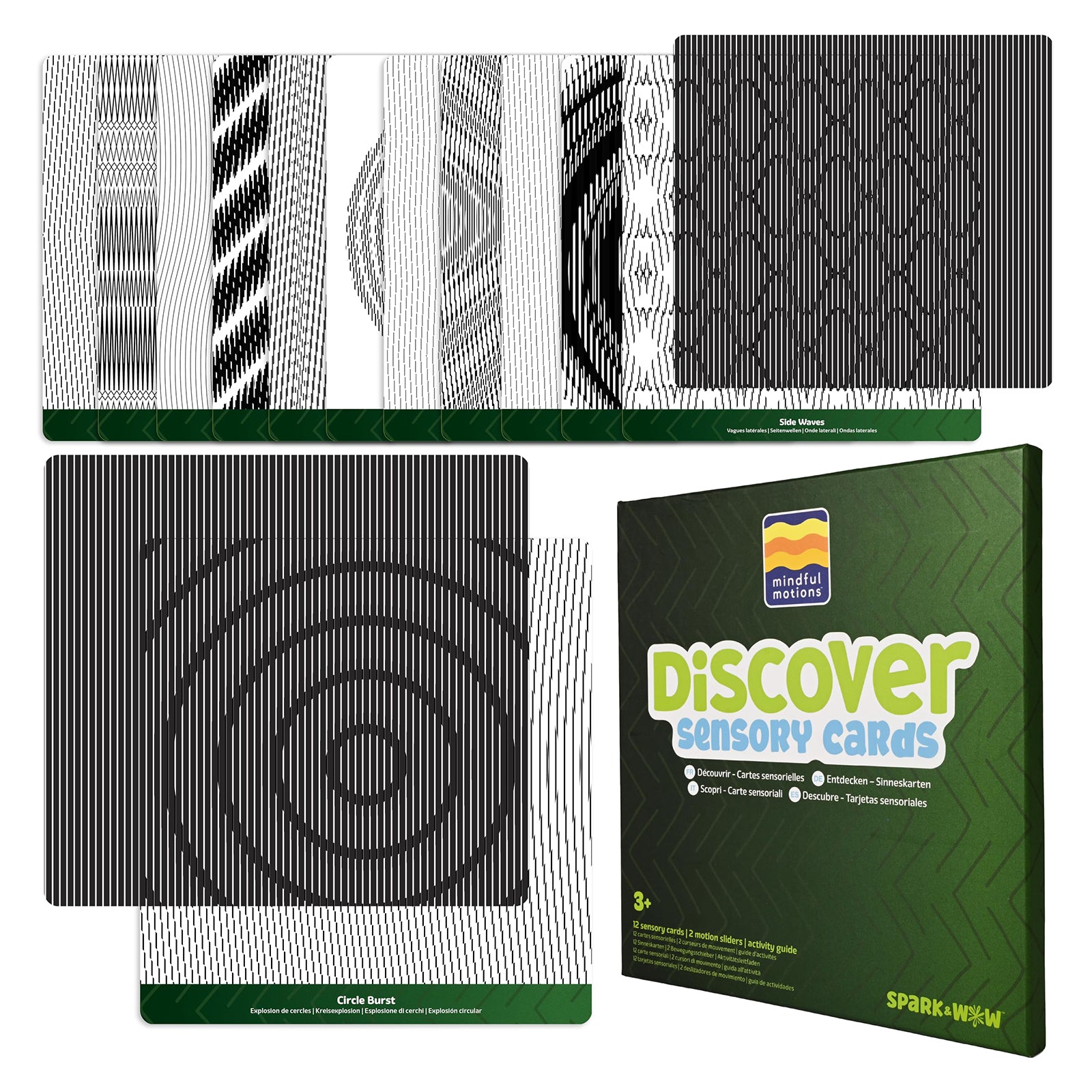 Full Mindful Motions Sensory Cards Discover set featuring multiple optical illusion patterns, motion sliders, and storage packaging for sensory learning activities.