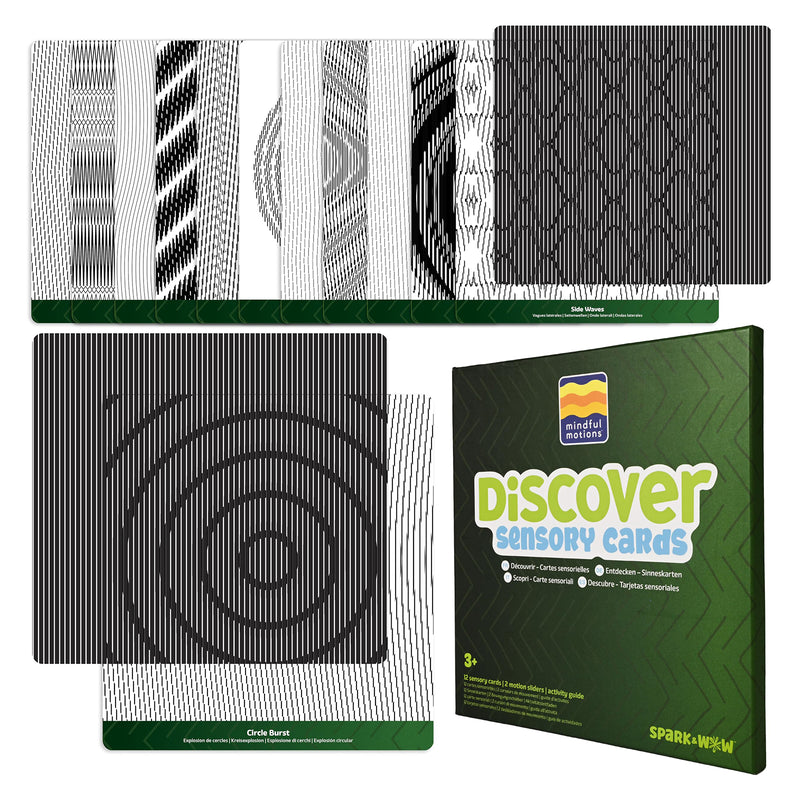 Full Mindful Motions Sensory Cards Discover set featuring multiple optical illusion patterns, motion sliders, and storage packaging for sensory learning activities.