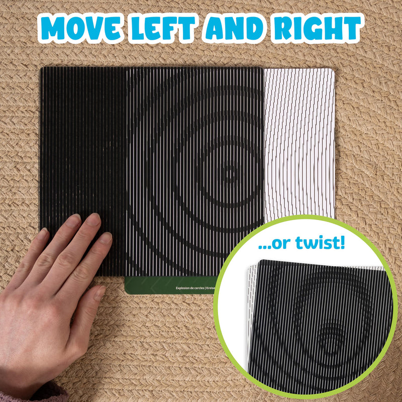 Child using a motion slider over a sensory card to create moving optical illusion effects during hands on screen free sensory play.