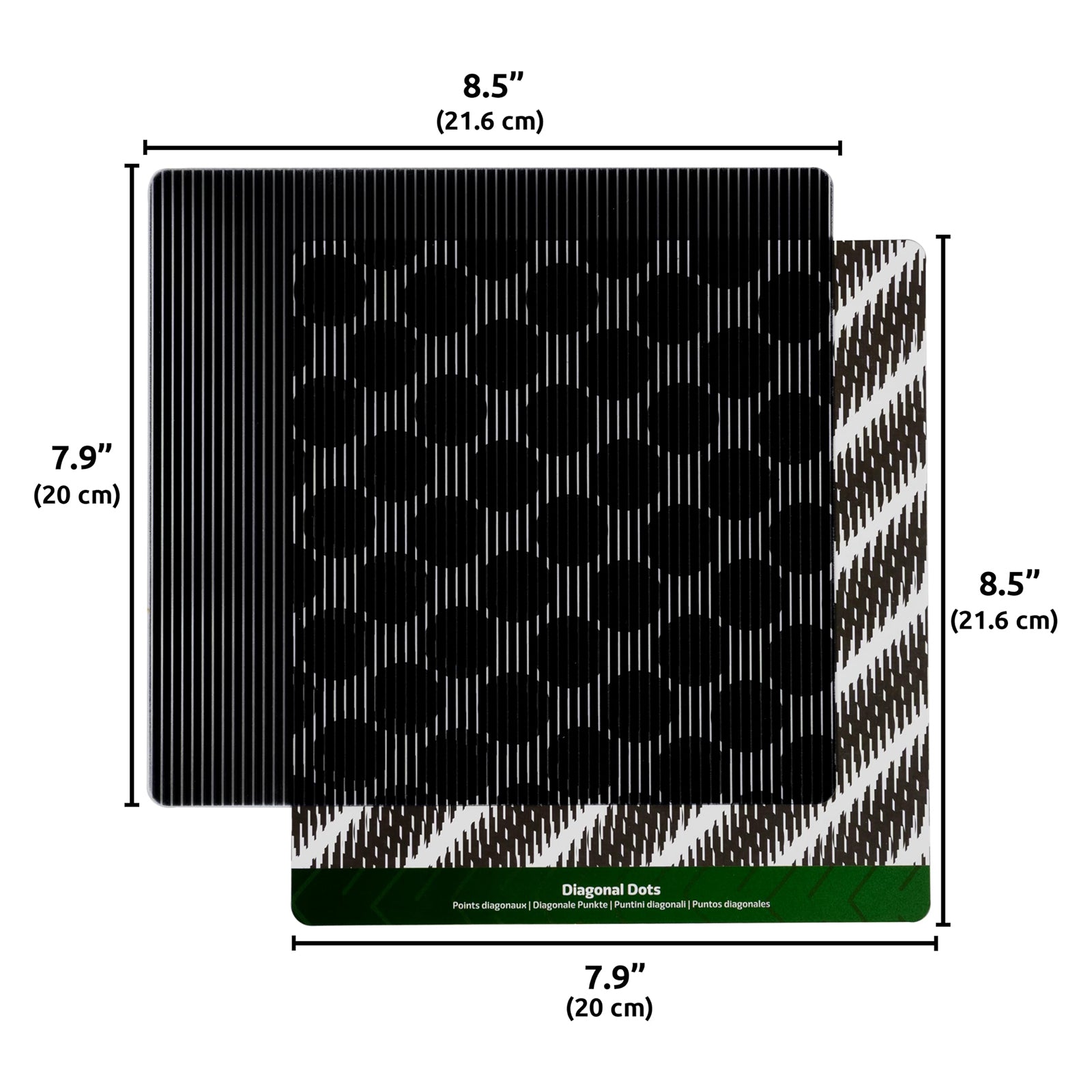 Sensory illusion card with diagonal dot pattern and measurement details showing the large 21.6cm by 20cm card size for interactive optical motion activities.