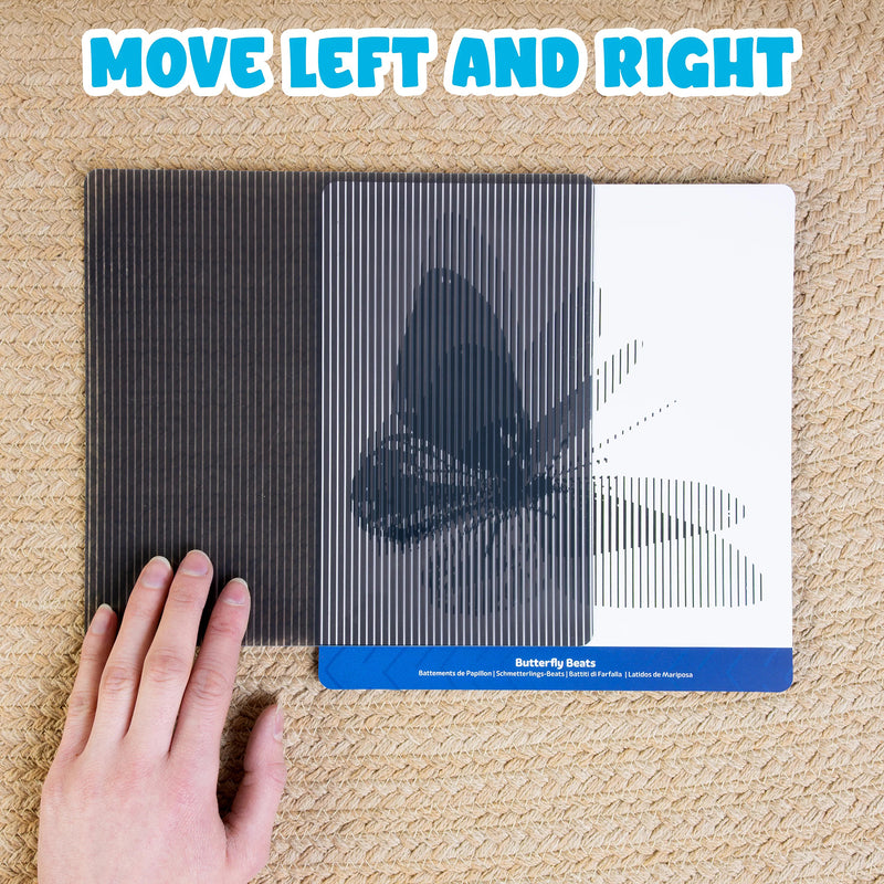 Child using a motion slider across a butterfly illusion sensory card to create moving wing effects during calming screen free sensory play.