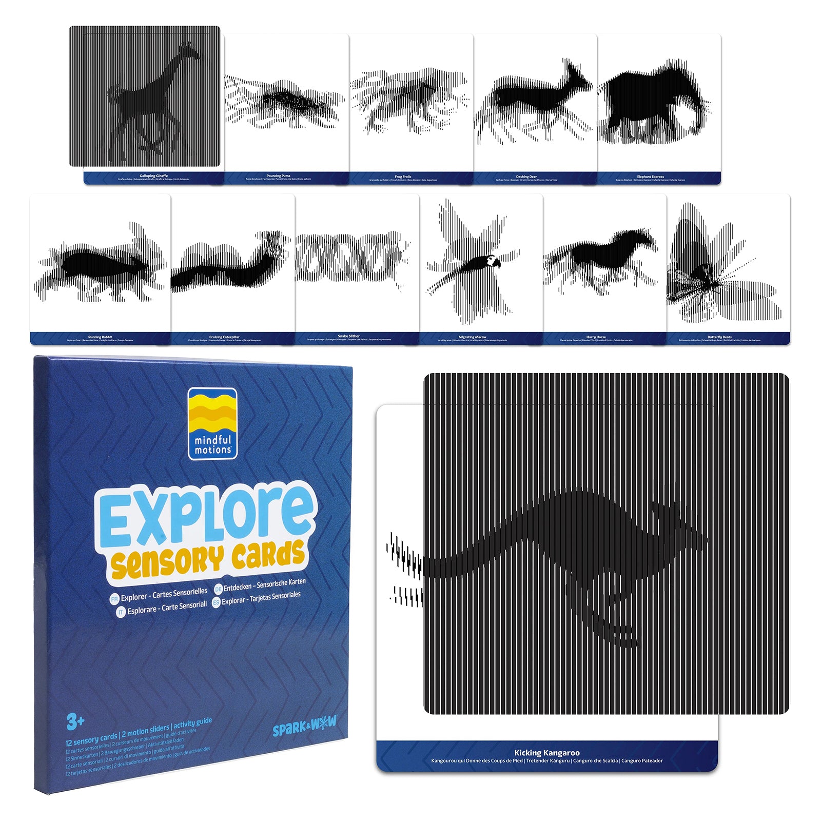 Full Mindful Motions Sensory Cards Explore set featuring multiple moving animal illusion cards, activity packaging, and motion sliders for sensory learning and visual play.
