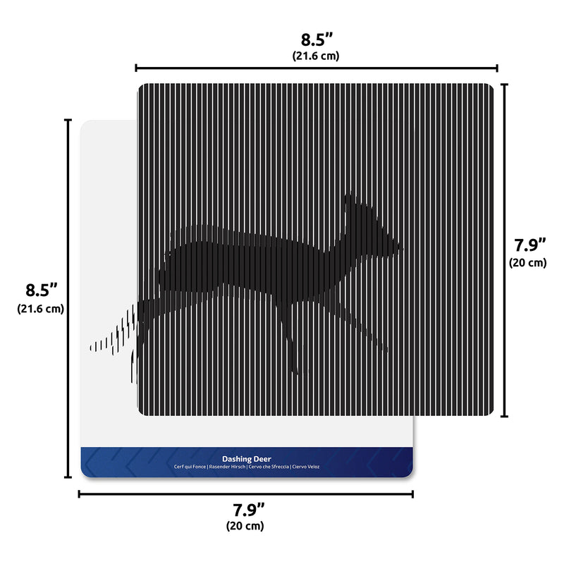 Sensory illusion animal card featuring a moving deer pattern with measurement guides displaying the 21.6cm by 20cm card dimensions for hands on visual activities.