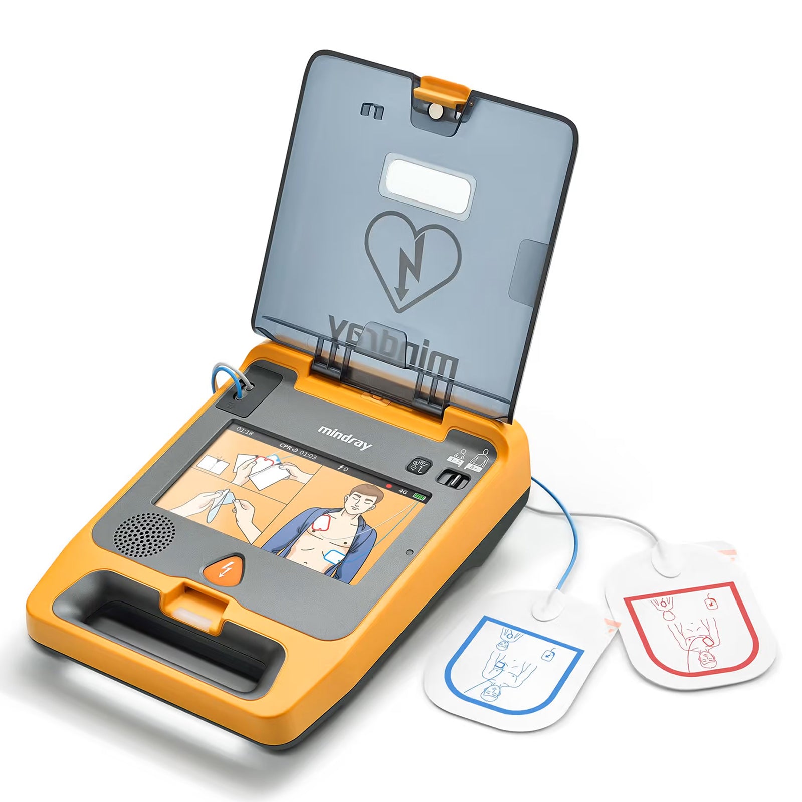 Open Mindray C2 Fully Automatic Defibrillator with adult electrode pads beside the unit, showing the large colour display with animated rescue instructions, speaker, controls, protective lid and distinctive orange housing.