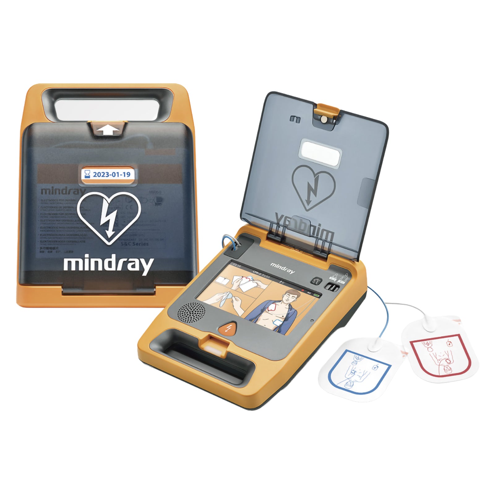 Mindray C2 Fully Automatic Defibrillator shown closed and open on a white background with connected electrode pads, displaying the protective lid, colour instruction screen, integrated handles and emergency pad placement graphics.