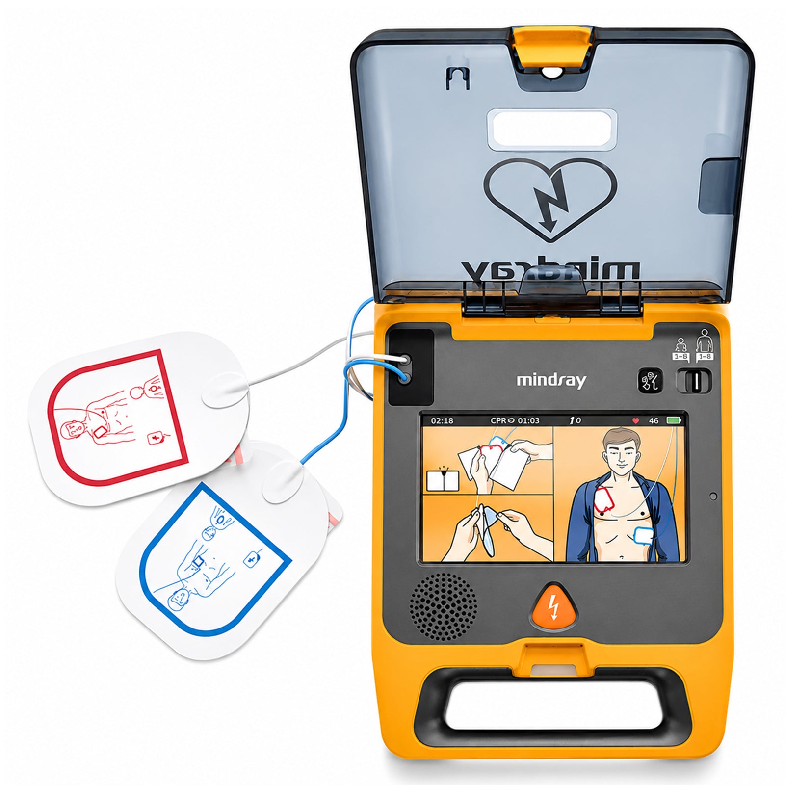 Front view of the open Mindray C2 Fully Automatic Defibrillator with connected electrode pads positioned beside the device, clearly showing its colour rescue guidance screen and straightforward public access AED interface.
