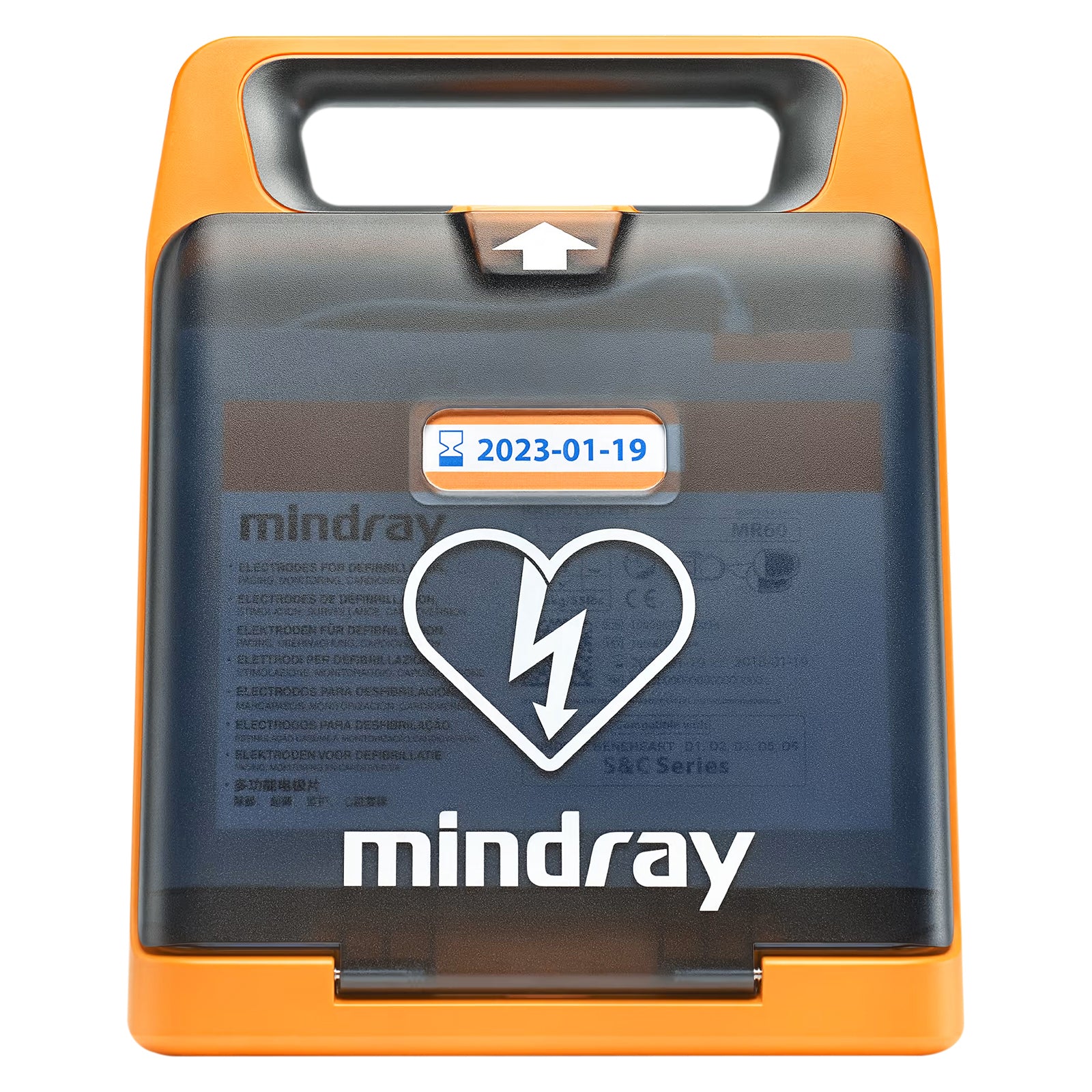 Straight front product view of the closed Mindray C2 Fully Automatic Defibrillator showing its integrated handle, protective cover, prominent AED heart symbol and compact design for visible emergency storage and rapid retrieval.