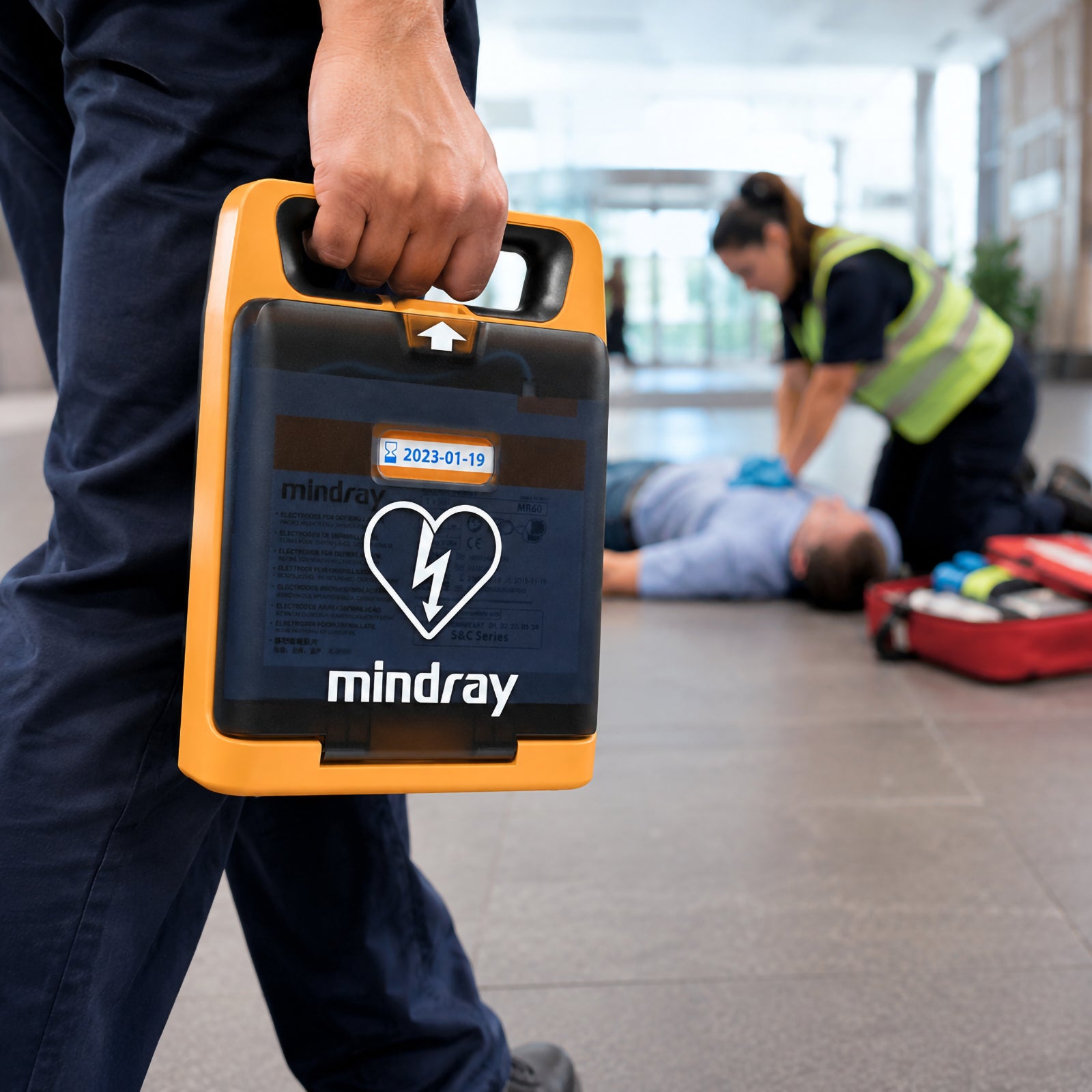 Mindray C2 Fully Automatic Defibrillator being carried by its integrated handle towards a simulated emergency scene while another responder attends to a patient, demonstrating the portable AED design for rapid workplace response.