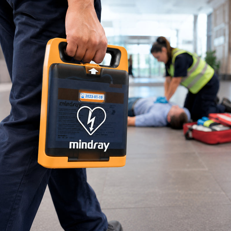 Mindray C2 Fully Automatic Defibrillator being carried by its integrated handle towards a simulated emergency scene while another responder attends to a patient, demonstrating the portable AED design for rapid workplace response.