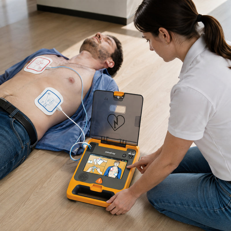 Mindray C2 Fully Automatic Defibrillator being used during a simulated cardiac emergency, with electrode pads positioned on an adult patient while a responder follows the animated pad placement and CPR instructions displayed on the large colour screen.