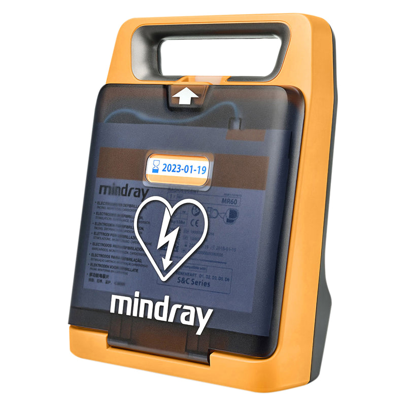 Closed Mindray C2 Fully Automatic Defibrillator photographed at an angled front view against a white background. The compact orange housing, integrated carry handle, protective translucent cover and prominent AED heart symbol demonstrate its portable and recognisable emergency design.