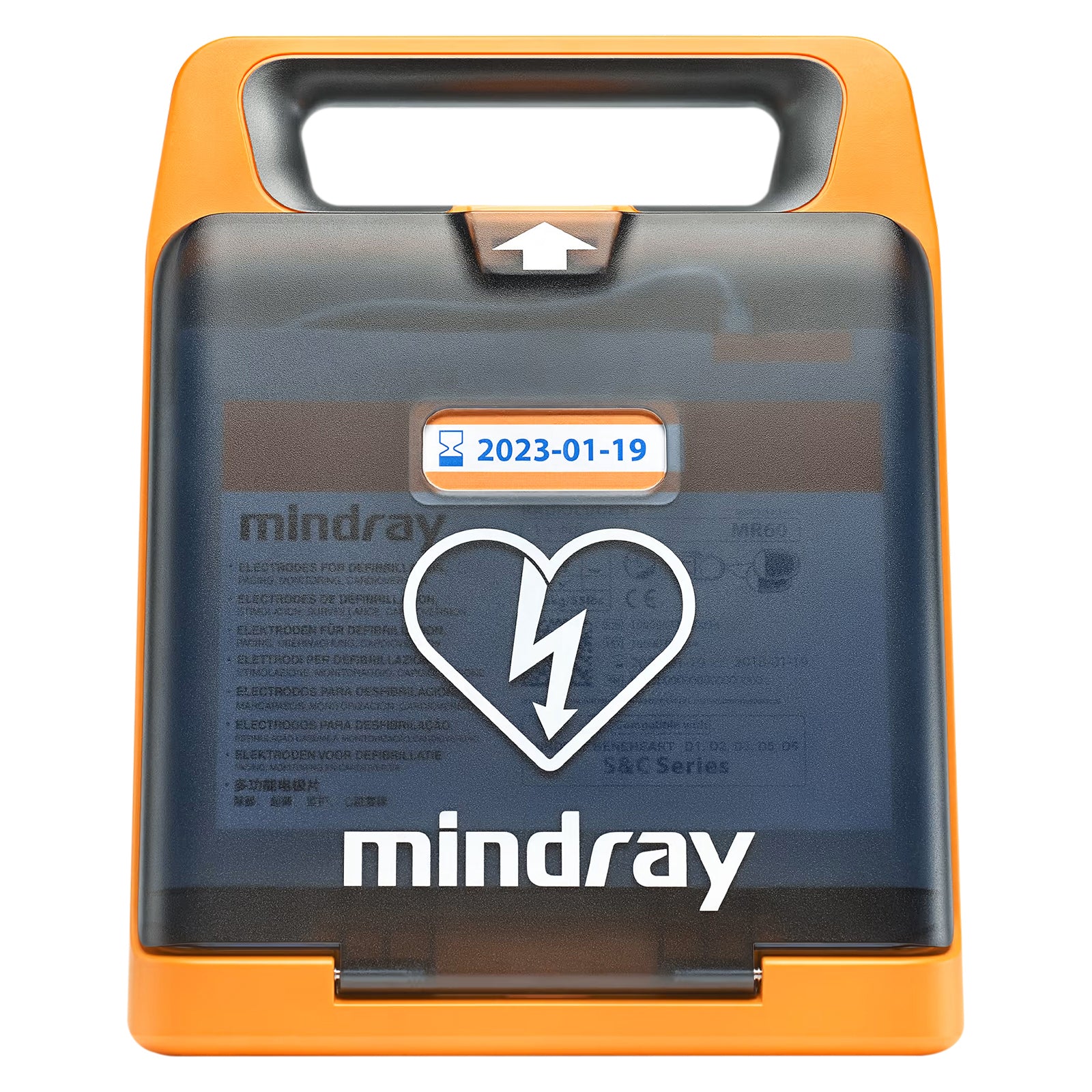 Straight front product view of the closed Mindray C2 Fully Automatic Defibrillator on a clean white background. The integrated handle, protective front cover, AED heart symbol and Mindray branding are clearly visible, showing the compact configuration used for storage and transport.