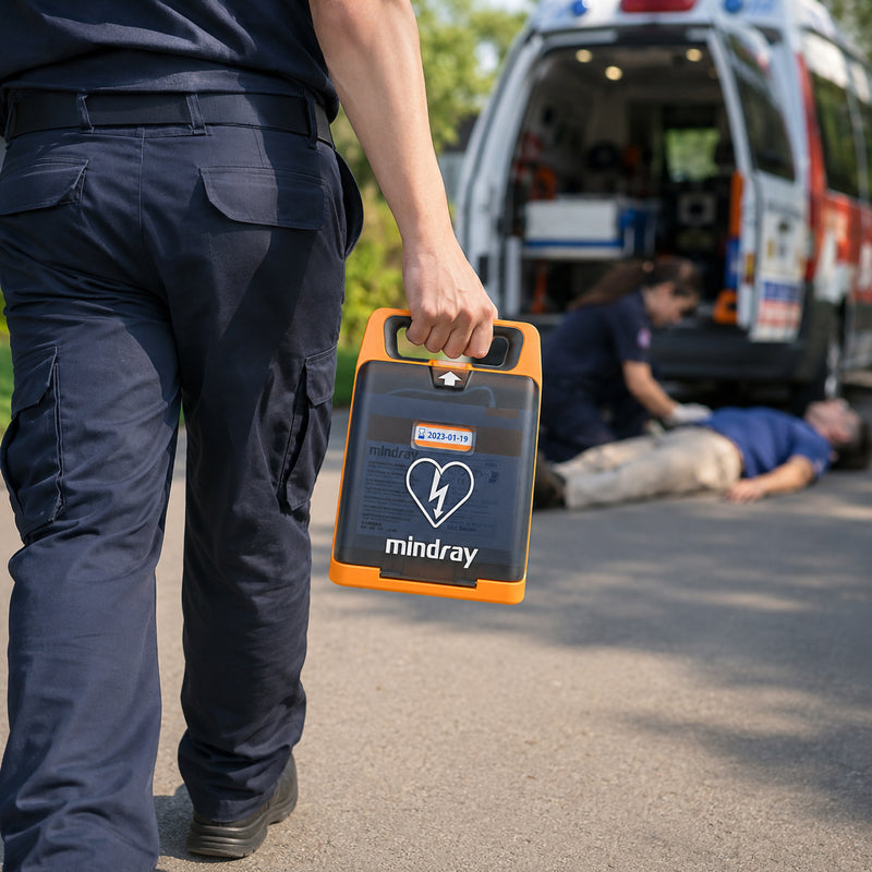 Responder carrying the compact Mindray C2 Fully Automatic Defibrillator with 4G by its integrated handle towards a simulated outdoor emergency near an ambulance. The portable orange AED is prominently visible while another responder attends to the casualty in the background.