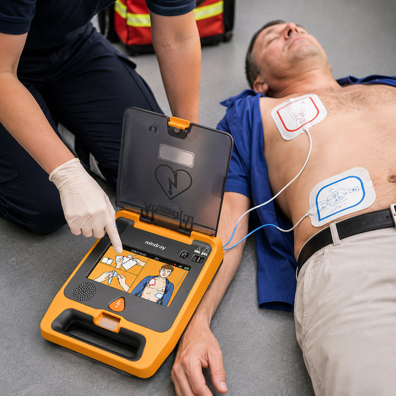 Mindray C2 Fully Automatic Defibrillator with 4G operating beside a casualty during a simulated cardiac emergency. Electrode pads are positioned on the chest while a responder follows the animated rescue guidance displayed on the large colour screen, demonstrating how the AED supports guided emergency response.
