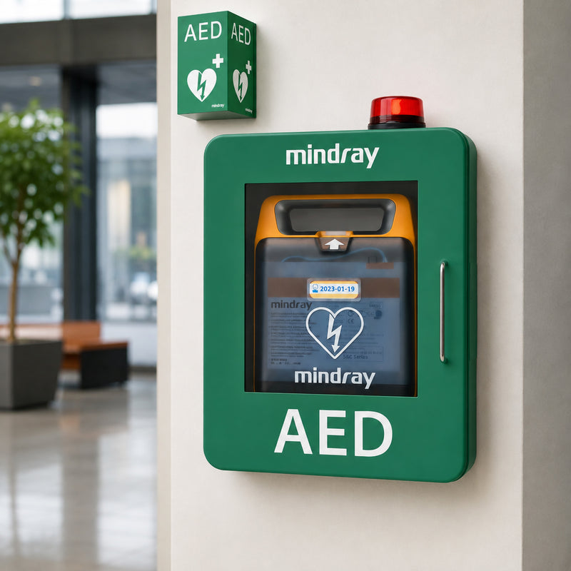 Mindray C2 Fully Automatic Defibrillator with 4G stored inside a green wall mounted AED cabinet in a modern public building. Clear AED identification and highly visible positioning demonstrate a practical public access installation for workplaces and community facilities.
