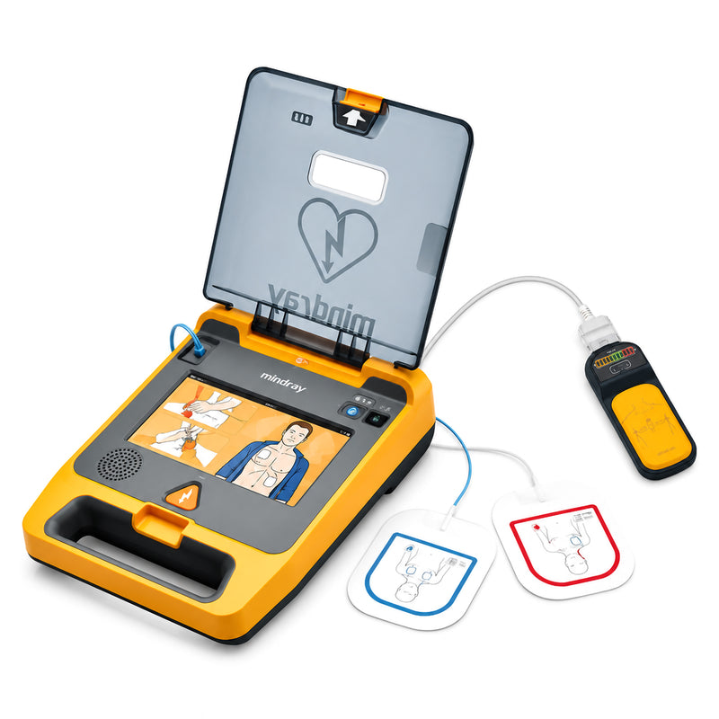 Mindray CPR Sensor Pack connected to an open compatible Mindray BeneHeart AED on a clean white background. The product arrangement includes the CPR feedback sensor and electrode pads, clearly showing how the accessory forms part of a connected AED and CPR response system.