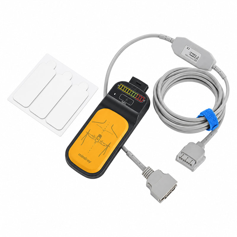 Mindray CPR Sensor Pack displayed on a white background with the reusable black and yellow chest compression sensor, connection cable and adhesive components arranged for clear identification. The product view highlights the compact sensor body, placement illustration, feedback indicator and wired connections.