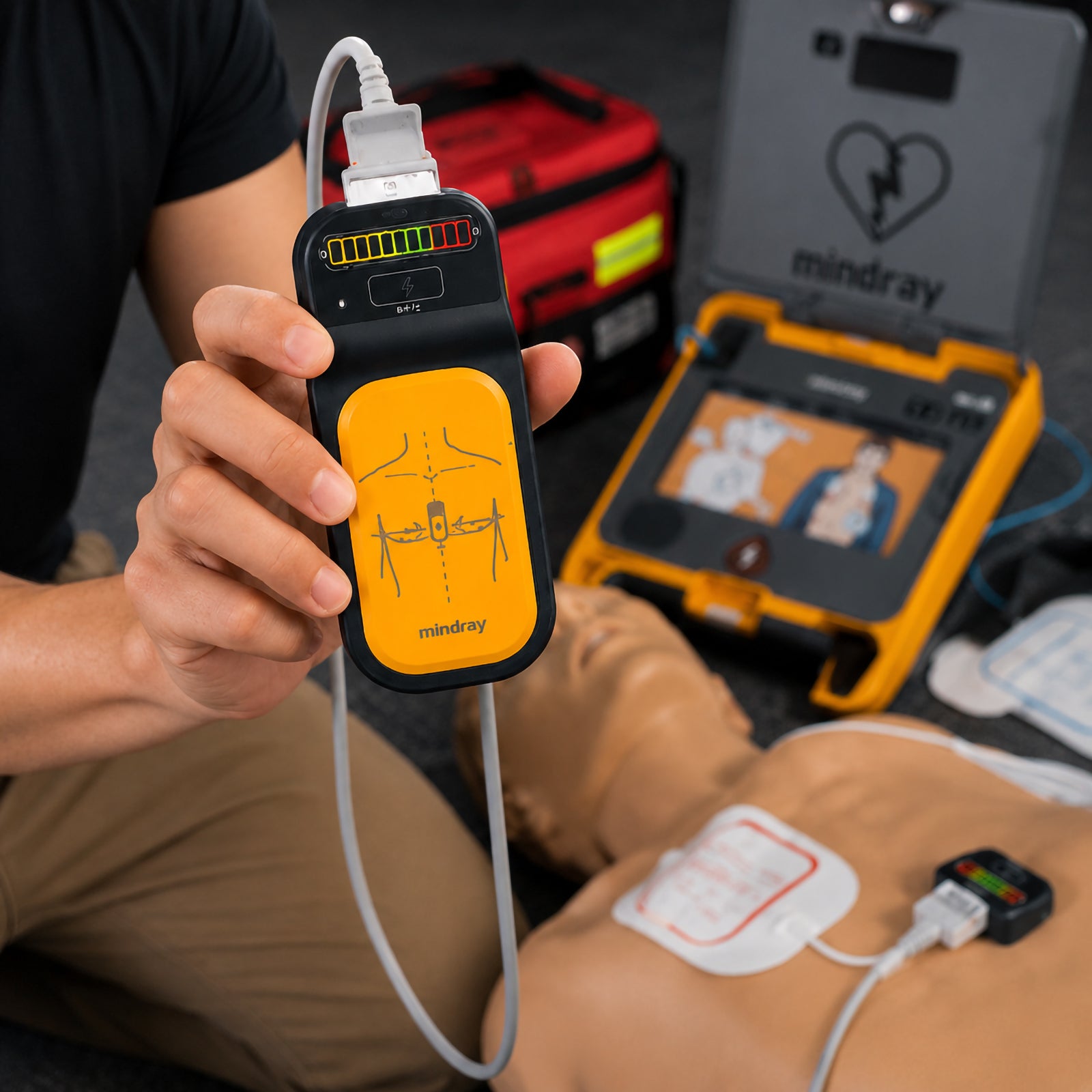 Close up view of a Mindray CPR feedback sensor held by a rescuer beside a training manikin and open Mindray AED. The sensor face shows its chest placement illustration and coloured compression feedback indicator, highlighting the accessory used to support CPR depth and rate monitoring.