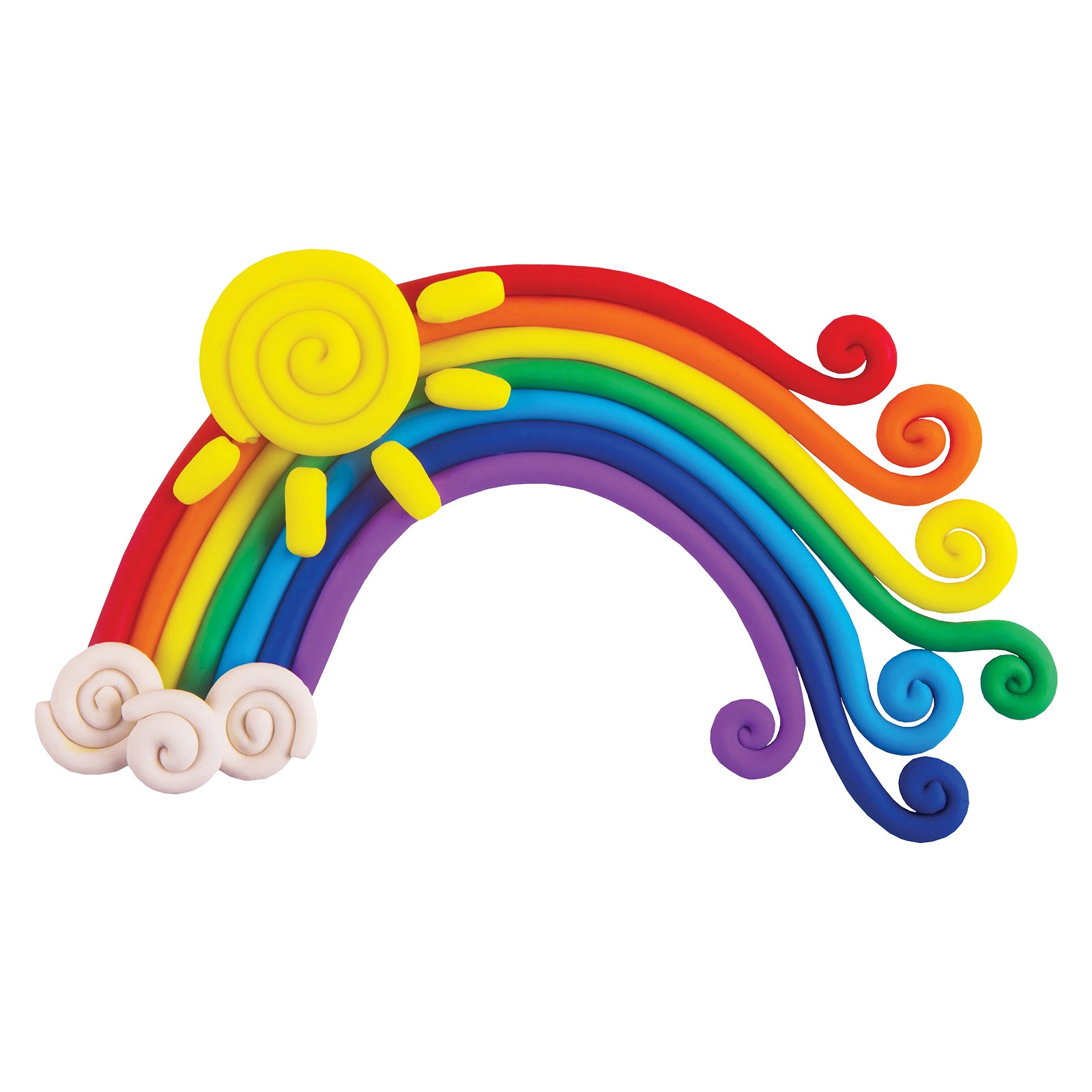 Rainbow sculpture crafted from Educational Colours Modelling Clay featuring vibrant curved rainbow colours, spiral sun details and cloud accents. The smooth texture and bright assorted colours demonstrate the flexibility of the clay for creative classroom projects, sensory play and imaginative art activities.