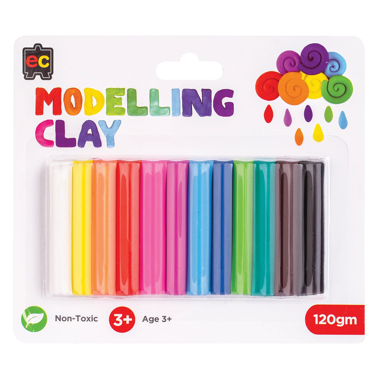Front packaging view of Educational Colours Modelling Clay 120g Assorted Colours displaying 12 colourful clay sticks arranged in rainbow shades. The packaging highlights the non toxic formula, reusable design and suitability for children aged 3 years and above.
