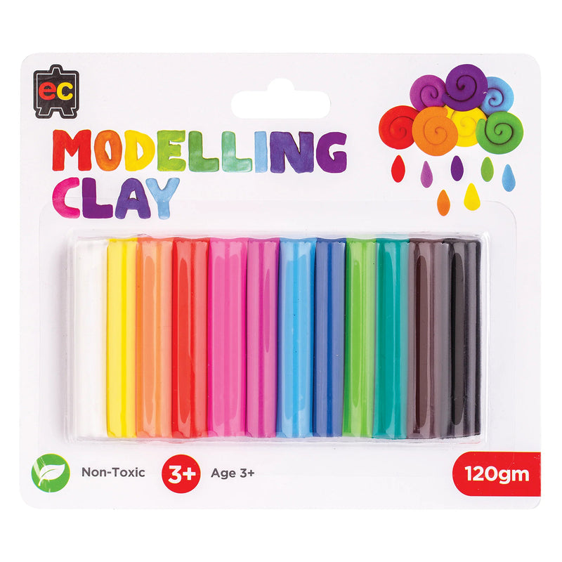 Front packaging view of Educational Colours Modelling Clay 120g Assorted Colours displaying 12 colourful clay sticks arranged in rainbow shades. The packaging highlights the non toxic formula, reusable design and suitability for children aged 3 years and above.
