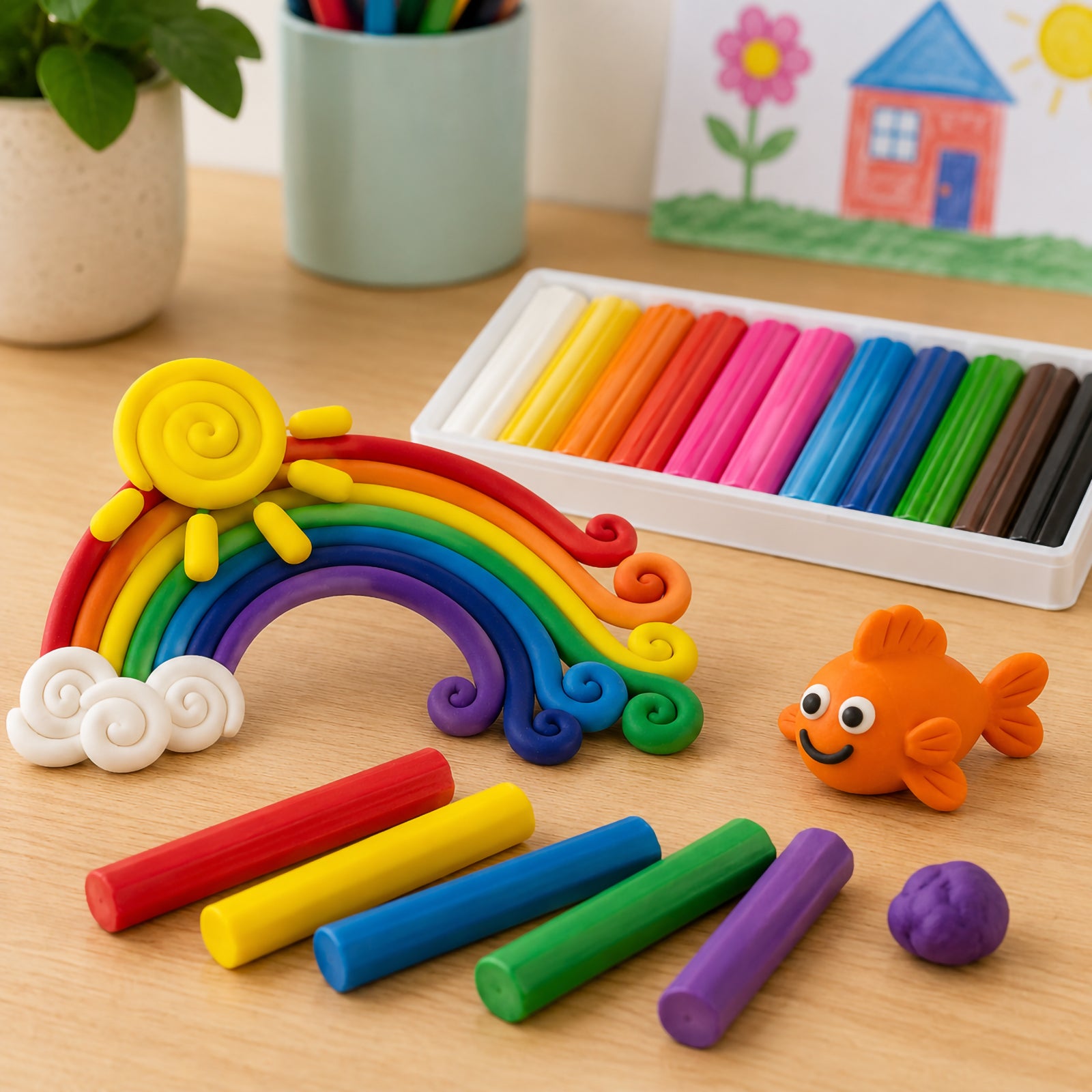 Educational Colours Modelling Clay 120g assorted colours displayed on a wooden craft table with a rainbow clay sculpture, colourful clay sticks, and playful handmade clay figures in a bright classroom setting.