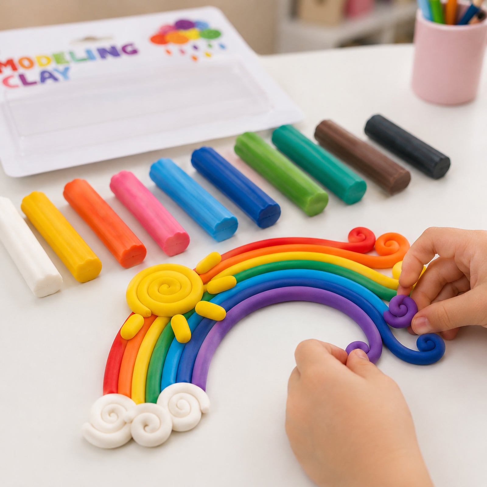 Child creating a rainbow sculpture with Educational Colours Modelling Clay 120g assorted colours on a clean white table surrounded by colourful clay sticks and craft supplies.