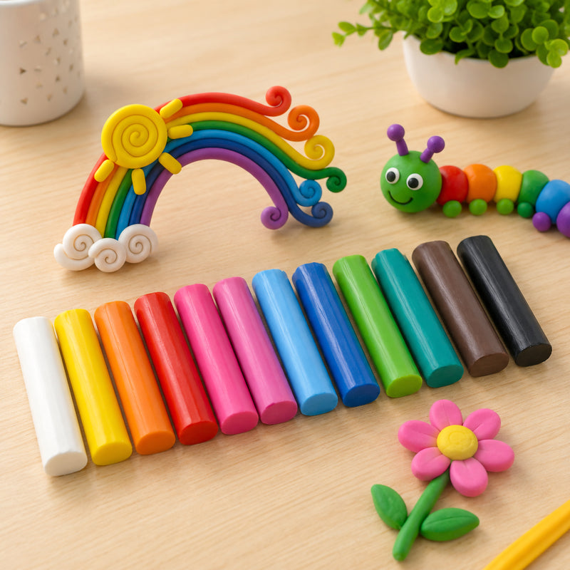 Educational Colours Modelling Clay 120g assorted colours arranged on a wooden tabletop with handmade rainbow, caterpillar, and flower clay creations in a bright creative play environment.