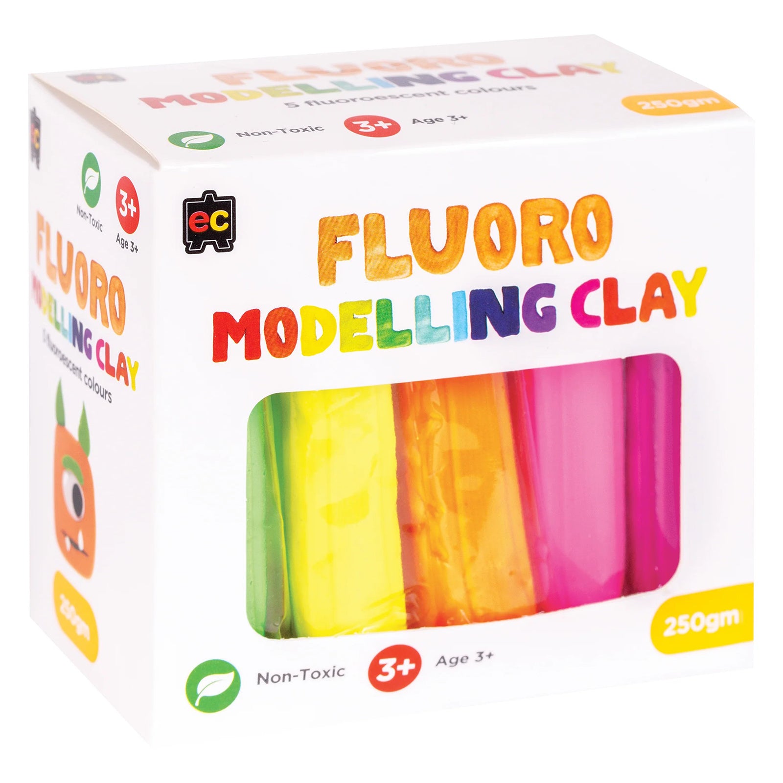 Angled perspective view of the Educational Colours Fluoro Modelling Clay packaging featuring bright fluorescent colours visible through the display window. The image presents the colourful and playful design suited for schools, childcare environments and creative learning projects.