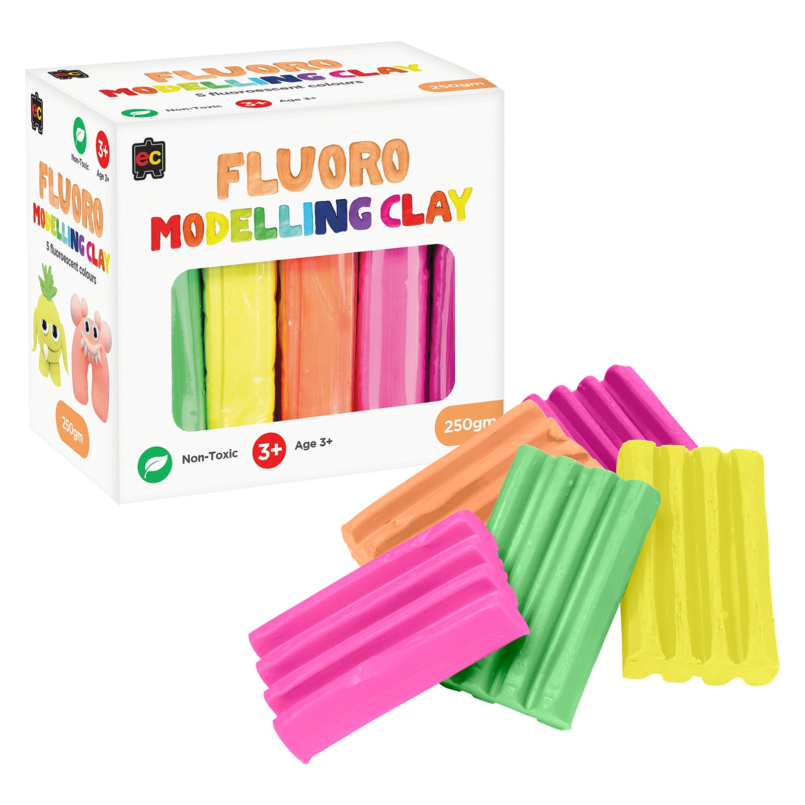 A boxed set of Educational Colours Fluoro Modelling Clay featuring five vibrant fluorescent colours including green, yellow, orange and pink. Several pieces of clay are displayed outside the packaging to showcase the smooth texture and bright neon shades ideal for sensory learning, sculpting projects and creative classroom activities.
