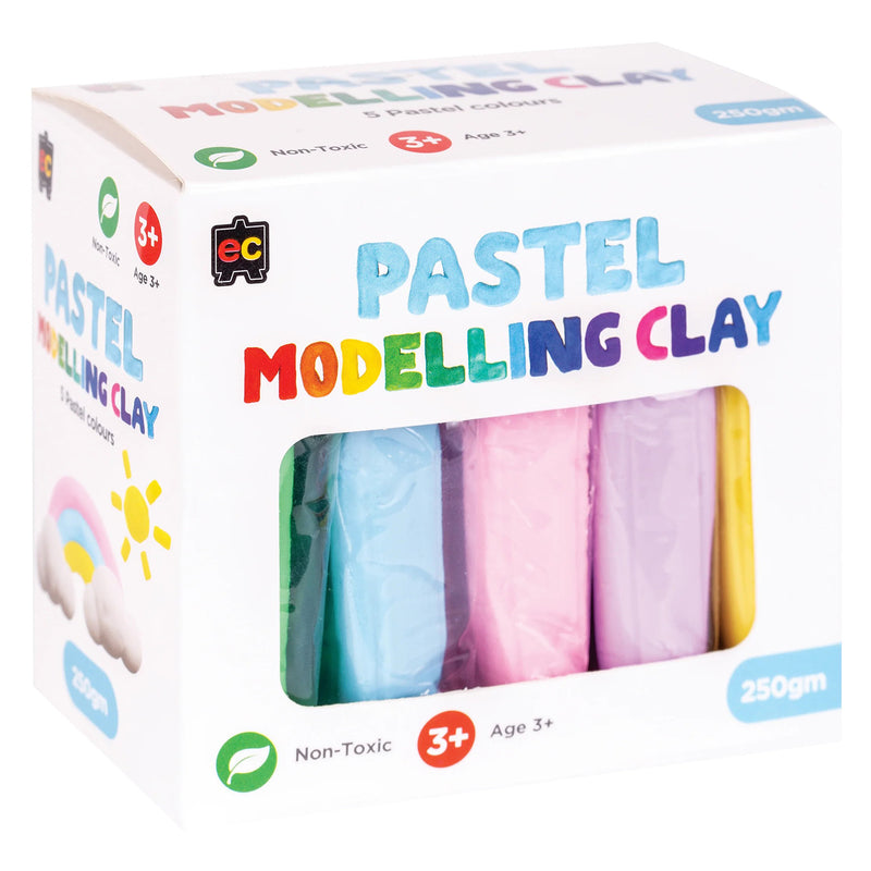 Angled side view of the Educational Colours Pastel Modelling Clay box showcasing the soft pastel shades through the display window. The packaging design reflects calming colours and creative inspiration for schools, childcare centres and home art projects.
